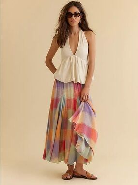 Free People Madras That Linen Maxi Skirt